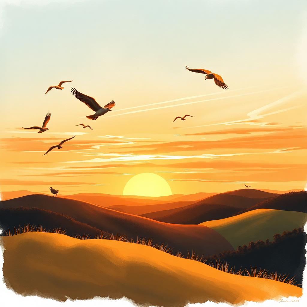 Cinematic illustrated poster for Dream Like A Bird — birds soaring over sunset hills